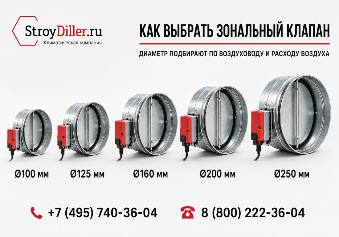 Подбор зонального клапана диаметром 100, 125, 160, 200 или 250 мм
